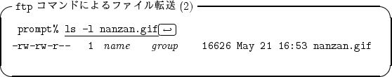 \begin{itembox}[l]{{\tt ftp} $B%3%^%s%I$K$h$k%U%!%$%kE>Aw(B(2)}
\begin{alltt}
\relax...
...me} {\it group} 16626 May 21 16:53 nanzan.gif
\\ \relax \end{alltt}\end{itembox}